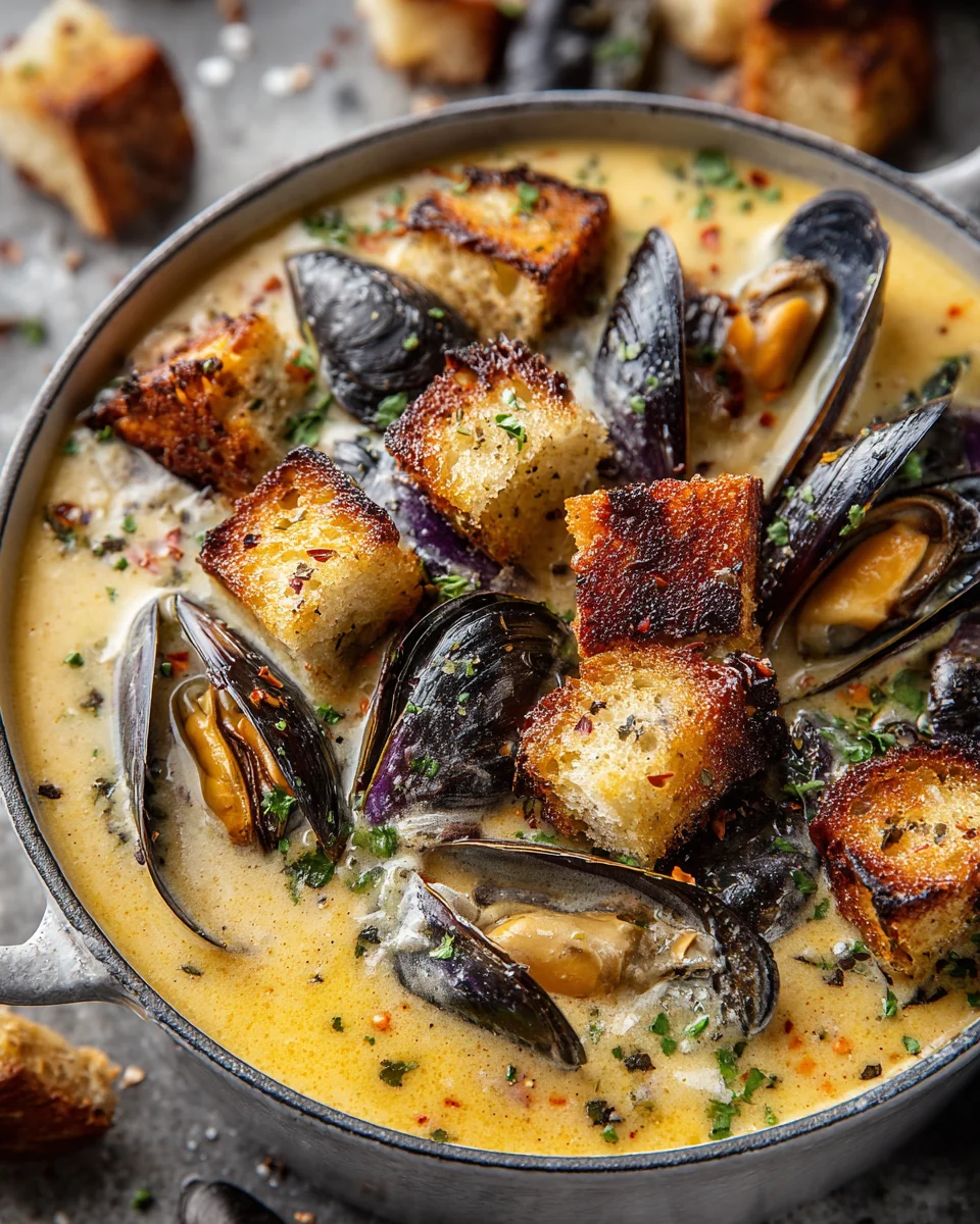 Creamy Saffron Mussel Bisque with Crispy Garlic Croutons
