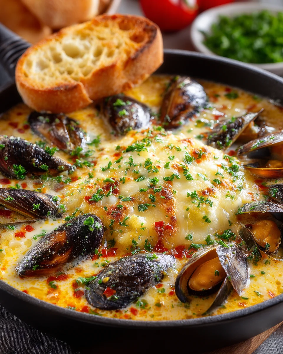 Creamy Saffron Mussel Bisque with Crispy Garlic Croutons