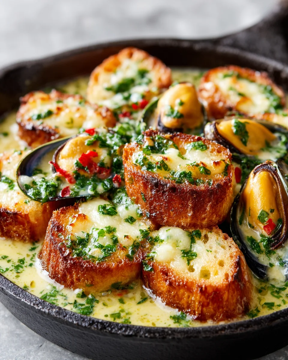 Creamy Saffron Mussel Bisque with Crispy Garlic Croutons